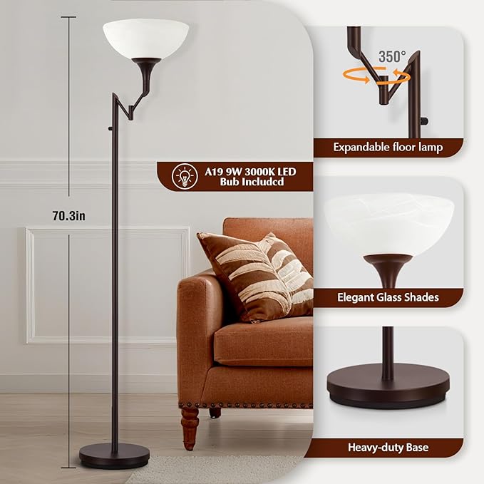 Floor Lamps for Living Room Bronze, 71" Tall Standing Lamp with Glass Shade, Vintage Floor Lamp with 350°Adjustable Swing Arm Lamp, Pole lamp for Bedroom, Living Room, Office, Bulbs Included