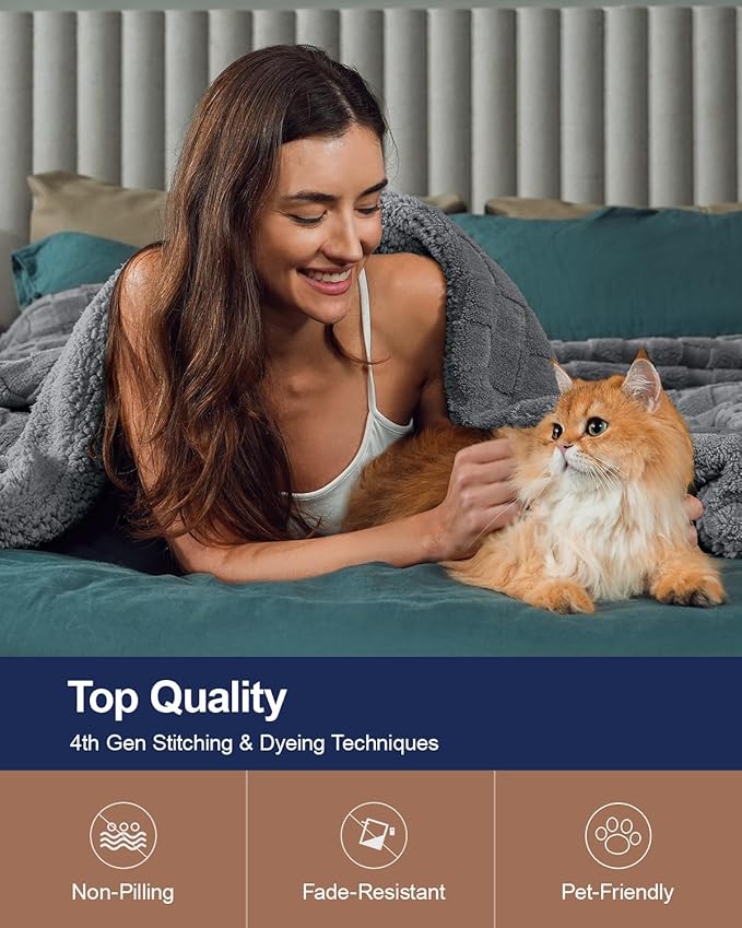 Pawque Super Soft Cozy Throw Blanket for Couch Sofa Bed - Fluffy Sherpa Fleece Reversible Thick Warm Fuzzy Blanket for All-Season, 3D Checkered Jacquard Elegant Decorative Blankets, Grey, 50" x 60"