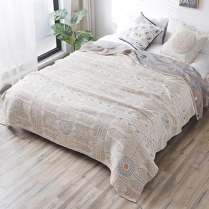 Boho Muslin Blanket for Adults 4-Layer Gauze Twin Size Soft Cozy 100% Cotton Summer Cooling Blanket Striped Decor for Sofa Bed Coverlet Both Sides (A Boho Stripe, Twin 60 x 80 in)