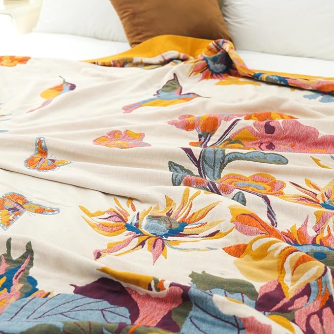 Boho Large Throw Blanket, 100% Organic Cotton Breathable Soft Bed King Throw - Fall Floral Bird Butterfly Farmhouse Decor Blanket for Sofa Couch Chair and Gift. 91" x 98"