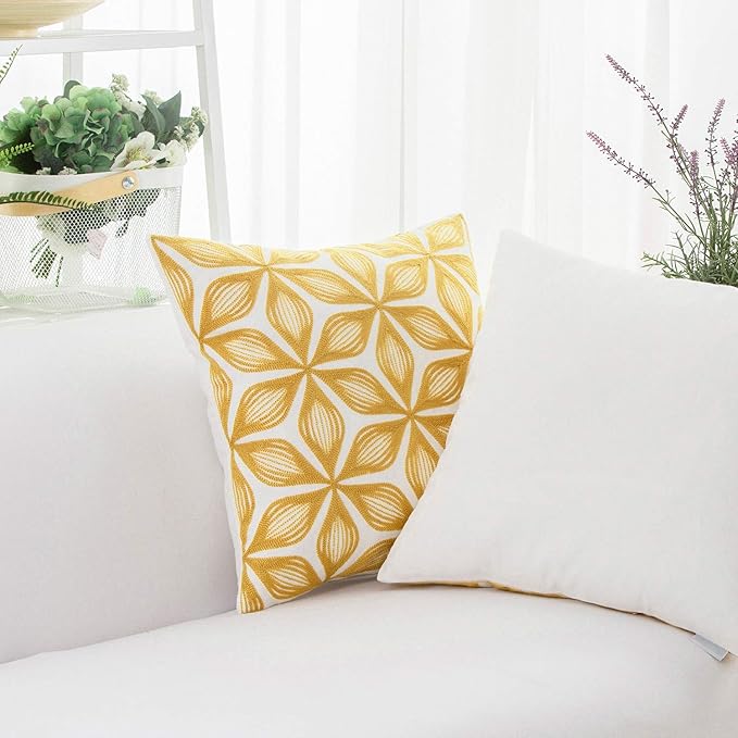 HWY 50 Yellow Decorative Throw Pillow Covers 18x18 Inch (1 Piece), Embroidered Cotton Farmhouse Cushion Cover Pillow Case for Sofa Couch Living Room Bed, Fashion Geometric