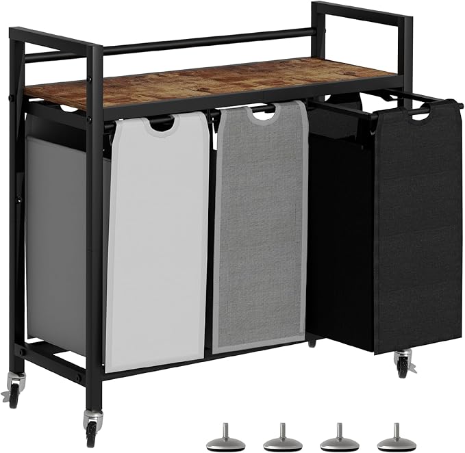 Laundry Hamper, Laundry Basket, Laundry Sorter with 3 Removable Bags, Clothes Basket with 3 Compartments, Wheels, Shelf for Laundry Room Bathroom Bedroom (3 Bags-Black Grey White)