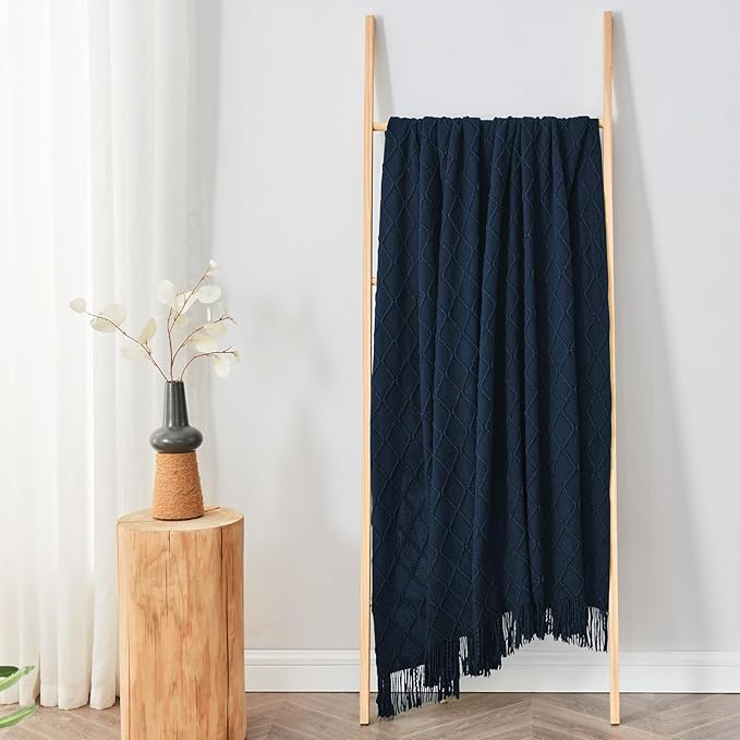inhand Knitted Throw Blankets for Couch and Bed, Soft Cozy Knit Blanket with Tassel, Dark Blue Lightweight Decorative Blankets and Throws, Farmhouse Warm Woven Blanket for Men and Women, 50"x60"