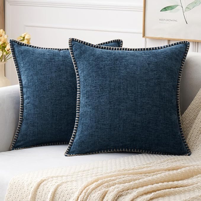 MIULEE Pack of 2 Couch Throw Pillow Covers 18x18 Inch Coastal Navy Blue Farmhouse Decorative Pillow Covers with Stitched Edge Soft Chenille Solid Dyed Spring Pillow Covers for Sofa Bed Living Room