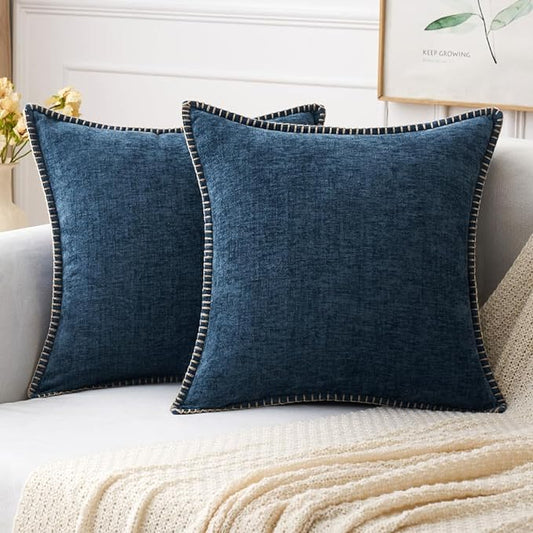 MIULEE Pack of 2 Couch Throw Pillow Covers 18x18 Inch Coastal Navy Blue Farmhouse Decorative Pillow Covers with Stitched Edge Soft Chenille Solid Dyed Spring Pillow Covers for Sofa Bed Living Room