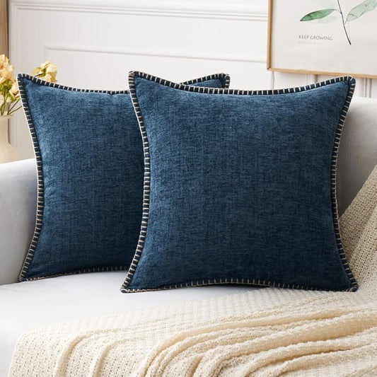 MIULEE Pack of 2 Couch Throw Pillow Covers 16x16 Inch Navy Blue Farmhouse Decorative Pillow Covers with Stitched Edge Soft Chenille Solid Dyed Spring Pillow Covers for Sofa Bed Living Room