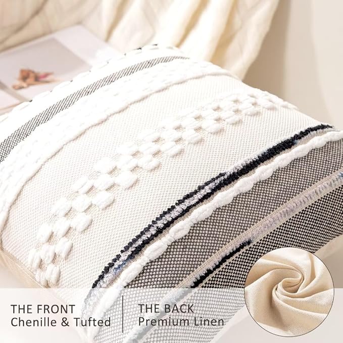 Boho Throw Pillow Covers 18x18 Set of 2 Farmhouse Decorative Cushion Case Striped Square Pillows Cover Chenille Pillow Cases Accent Neutral Pillowcase for Sofa Couch Bed,White