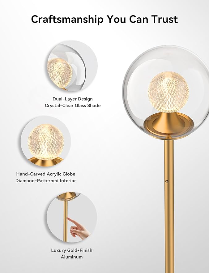 Tubicen Gold Floor Lamp with Dual-Globe Glass Shade Memory Function Art Decor 4-Stage Touch Control Dimmable Modern LED Corner Standing Floor Lamp for Bedroom Office Living Room Bedside