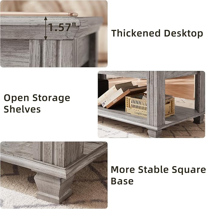 Farmhouse Coffee Tables for Living Room,Square Tea Table with Open Storage Shelf,Large Coffee Table,Rustic Wooden Center Table,Gray