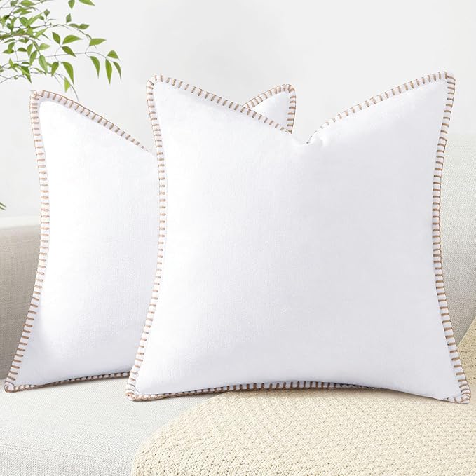 decorUhome Chenille Soft Throw Pillow Covers 20x20 Set of 2, Farmhouse Velvet Neutral Decorative Euro Pillow Covers with Stitched Edge for Couch Sofa Bed Home Decor, White