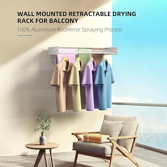 Laundry Drying Rack Collapsible, Wall Mounted Clothes Drying Rack, Space Saving Drying Rack for Laundry, 40" Wide, 16.5 Linear Ft, 5 Aluminum Rods, 60 lb Capacity (White 40")