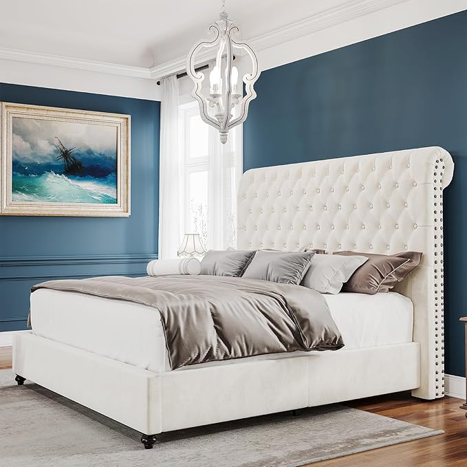 PaPaJet King Bed Frame Upholstered Platform Bed Frame with 52.8'' Tall Sleigh Headboard, Button Tufted, No Box Spring Needed, Easy Assembly, Cream