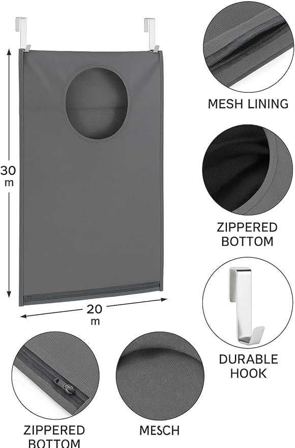 Hanging Laundry Hamper Bag – Space-Saving Dirty Clothes Storage with Free Adjustable Stainless Steel Over-the-Door Hooks & 2 Suction Cup Hooks – Ideal for bathrooms, bedrooms & dorms