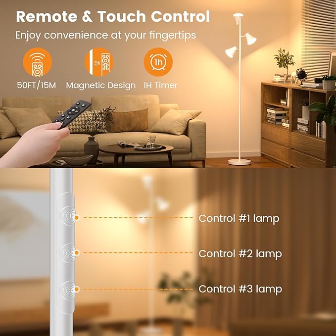 36W LED Tree Floor Lamp, Dimmable Tall Standing Lamp with Remote & Touch Control, 4 Color Temperatures Bright Floor Lamp, 3 Rotatable Light Modern Floor Lamps (White)