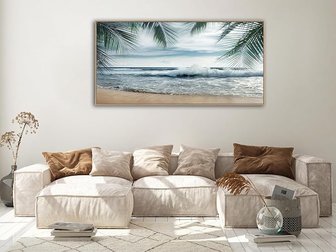 Framed Tropical Beach Wall Art - Ocean Waves Canvas Pictures Coastal Blue Sky and Sea Print Seaside Palm Tree Leaves Scene Painting Artwork Living Room Bedroom Office Home Decor 29" x 58"