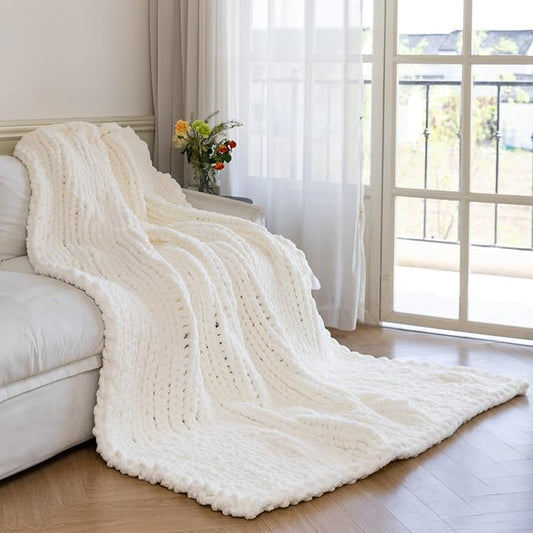 Chunky Knit Blanket - Luxury Soft Cozy 60 * 80 Throw Blanket,100% Woven Blanket Rope Knot Throw Blanket for Couch, Sofa, Home Decor, Gift - Machine Washable（Milk White）