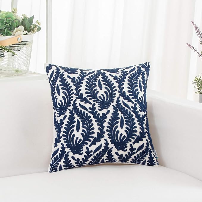 HWY 50 Navy Blue Decorative Throw Pillow Covers 18x18 Inch, Pack of 2 Embroidered Cotton Farmhouse Cushion Cover Pillow Case for Sofa Couch Living Room Bed Bedroon, Accent Branches