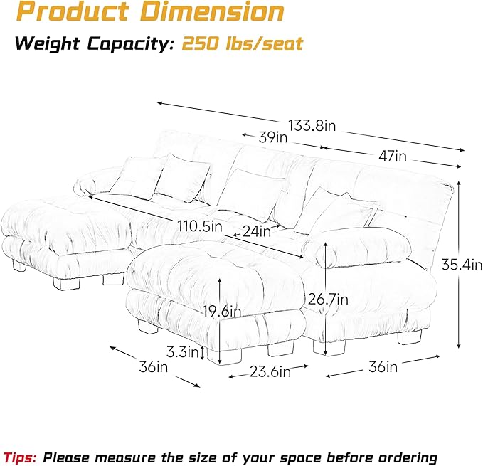 U Shaped Couch Sectional Couch, 3-Seater Cloud Couch Sectional Oversized Couch, Sofa Bed Couch with Round Bolster Armrests 5 Pillows, Modular Couch Home Sofa Living Room Couch
