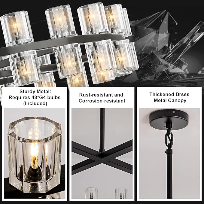 Modern 48 in Black Round Chandelier Light Fixture, Crystal Chandeliers for Dining Room, Living Room, Wagon Wheel Chandelier Over Table Chandeliers for Bedroom,Foyer,Includes 48xG4 Bulbs