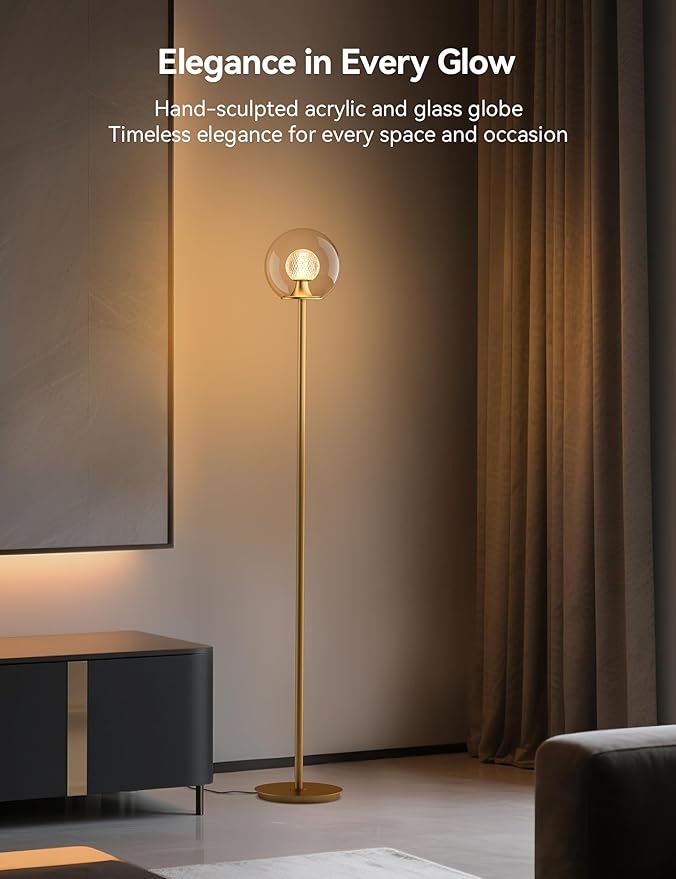 Tubicen Gold Floor Lamp with Dual-Globe Glass Shade Memory Function Art Decor 4-Stage Touch Control Dimmable Modern LED Corner Standing Floor Lamp for Bedroom Office Living Room Bedside