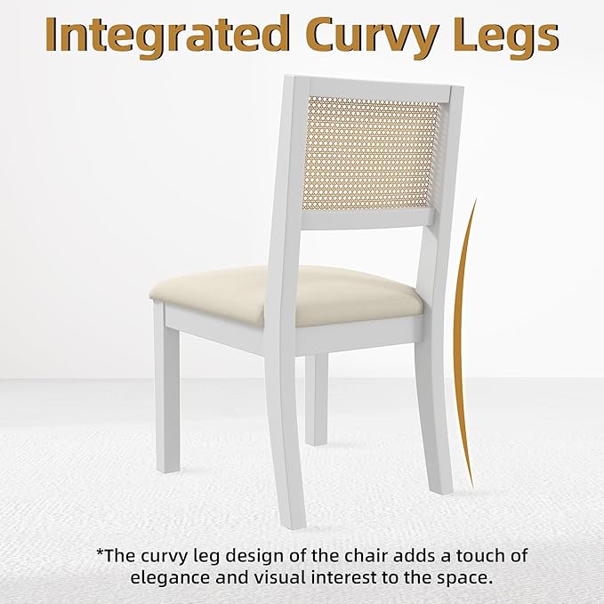 Westice Rattan Dining Chairs Set of 6, Farmhouse Natural Dining Room Chairs with Upholstered Cushion, Wood Armless Chairs for Kitchen/Restaurant, White