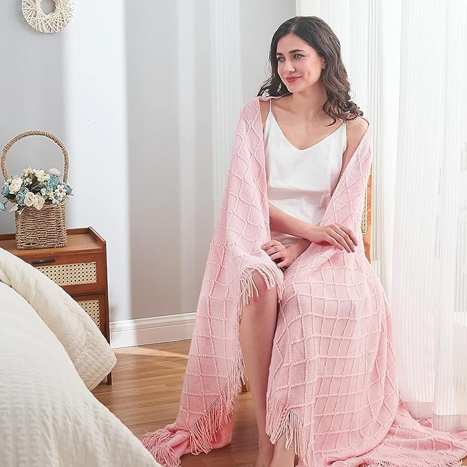inhand Knitted Gift Throw Blankets for Couch and Bed,Valentines Day Decor Blanket for Her Him Girlfriend Wife, Pink Romatic Lightweight Decorative with Tassel, Farmhouse Warm Woven for Women, 50"x60"