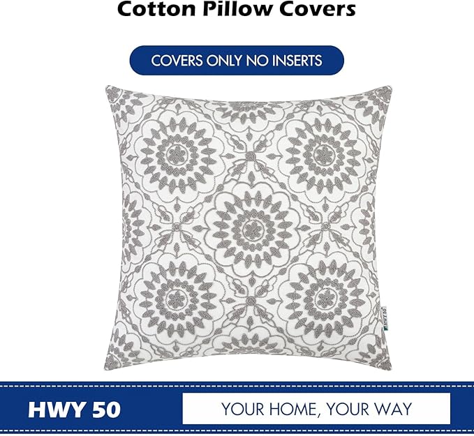 HWY 50 Gray Grey Decorative Throw Pillow Covers 18x18 Inch (1 Piece), Embroidered Cotton Farmhouse Cushion Cover Pillow Case for Sofa Couch Living Room Bed, Little Sunflower