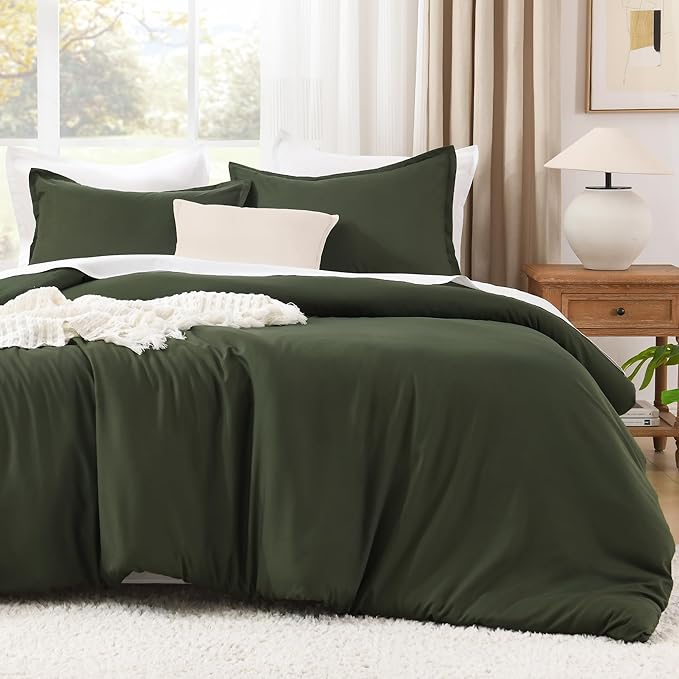 Litanika Comforters Olive Green Oversized Queen Size, 3 Pieces Lightweight Solid Bedding Comforter Set, All Season Fluffy Bed Set (98x98In Comforter & 2 Pillowcases)