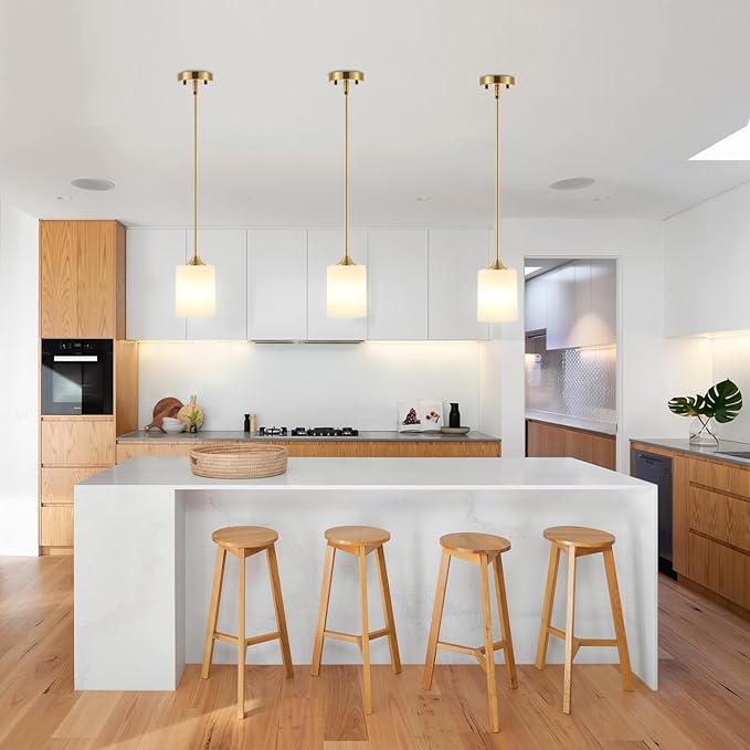 Modern Gold Pendant Light Brushed Brass Mid Century Chandelier White Cylinder Glass Shades Adjustable Rods Farmhouse Ceiling Hanging Lighting Fixture Kitchen Island Dining Room Bedroom