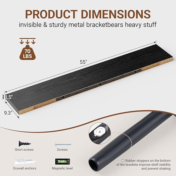 Heimlove 55 Inch Long Floating Shelves for Wall,9.3" Deep Black Floating Shelf Set of 2,Large Display Shelf & Storage Shelf,Wall Mounted Shelves for Bedroom Living Room Kitchen Office