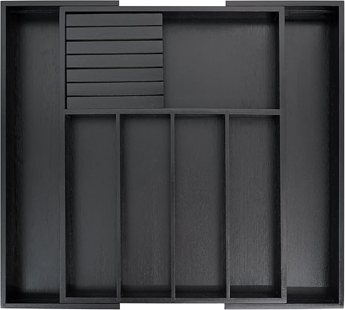 VaeFae Premium Bamboo Silverware Drawer Organizer Kitchen, Expandable Utensil Organizer with Knife Block, Cultery Tray with Divider for Flatware (Black)