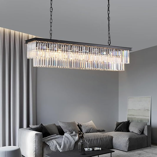 Rectangle Crystal Chandelier Black Modern Linear Chandelier Contemporary Pendant Light Fixture 8-Light Hanging Ceiling Light for Dining Room Living Room Kitchen Bedroom Foyer 47''