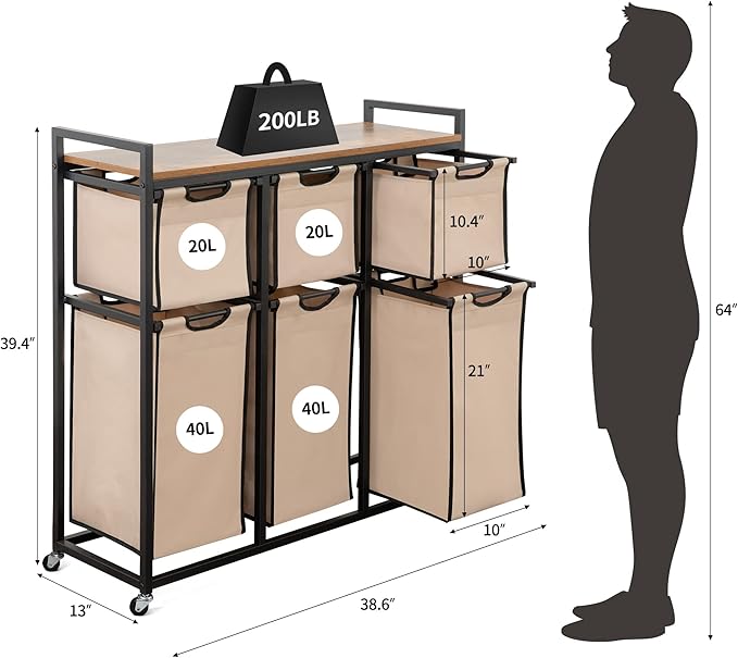 Laundry Basket Organizer, Hampers for Laundry 6 Compartments, Laundry Hamper with 6 Sliding Laundry Sorter Bags, Top Storage Shelf, and Metal Frame (6 Compartments)
