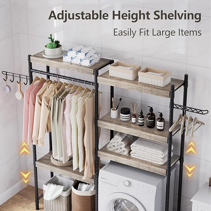 CABIHOME 5-Tier Over-The-Washer Shelf - Adjustable Height Laundry Organizer Space Saver, Double-Layer 100lb Shelves, 2 Hooks for Bathroom/Balcony (Grey & Black)