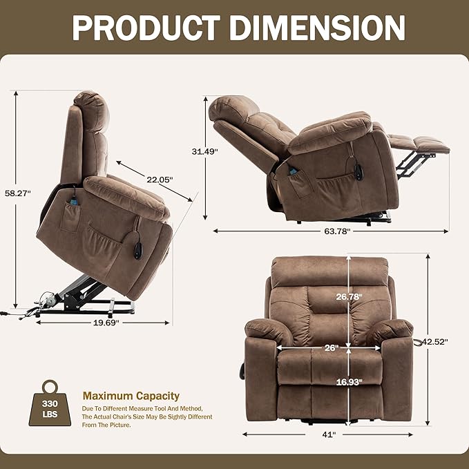 Oversized Power Lift Recliner Chair for Elderly with Massage Heat, Brown Velvet Electric Lay Flat Recliners with Cup Holders, Side Pockets, Infinite Position, Gift for Family