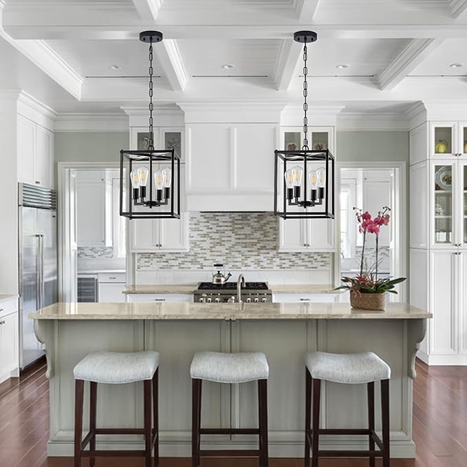 Lantern Pendant Light, 4-Light Black Chandelier,Modernized Ceiling Hanging Light Fixture for Bedroom Kitchen Island Foyer Living Room Dining Room Hallway