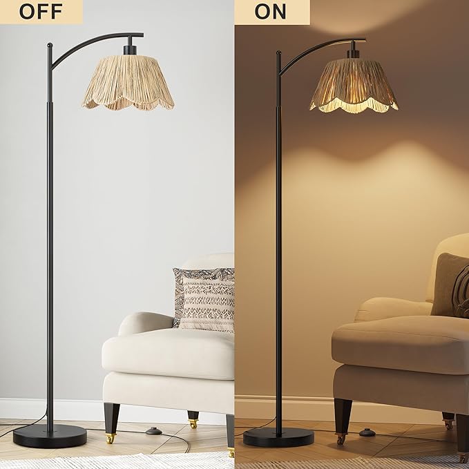 Oneach Arc Floor Lamp for Living Room,Rattan Boho Floor Lamp with Hand-Woven Wicker Shade, Foot Switch,Black Metal Base & Pole,Farmhouse Standing Lamp for Bedroom Corner,Reading