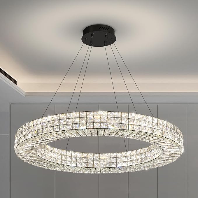 Dia 40" Modern Chandelier Ring Crystal Chandelier Adjustable Height Luxury Crystal Pendant Ceiling Light Fixture for Dining Living Room Bedroom