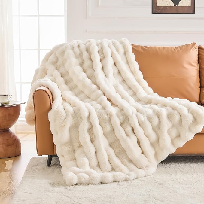 Cozy Faux Fur Throw Blanket for Couch-Warm Fuzzy Throw Blanket, Soft Plush Thick Bubble Blankets for Bedroom and Living Room, Furry Luxury Blanket, 50 x 60, Cream