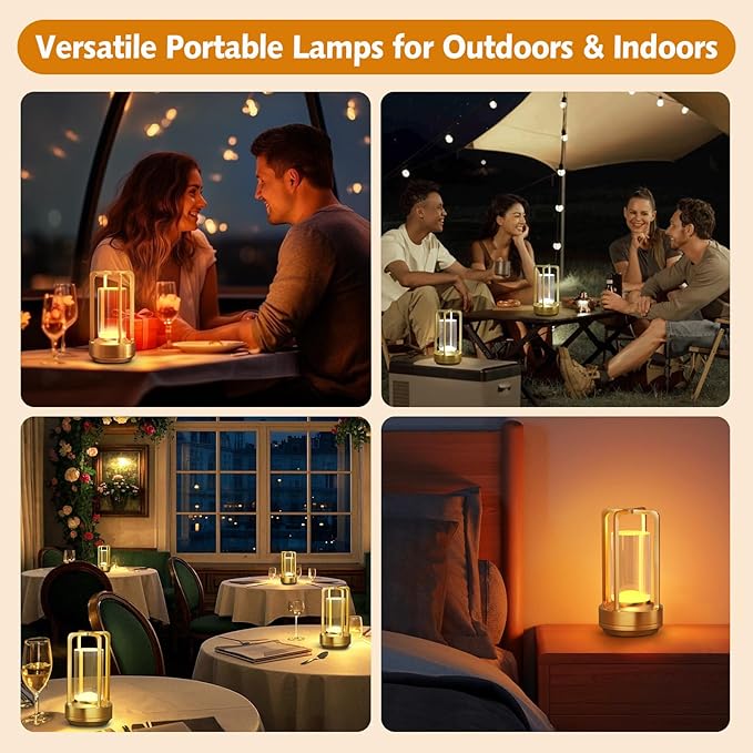 Portable Table Lamp for Outdoor Indoor: Cordless Rechargeable Desk Lamp with 3 Color Stepless Dimmable - Metal Battery Operated Small Lantern Light for Restaurant/Bedroom/Bar/Coffee Shop/Camping