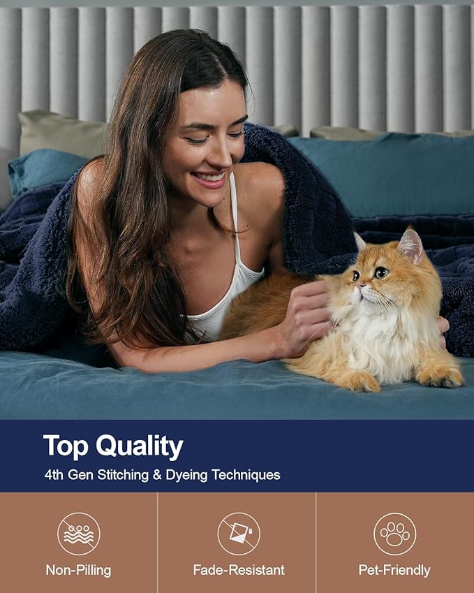 Pawque Super Soft Cozy Throw Blanket Twin Size for Couch Bed, Fluffy Sherpa Fleece Reversible Thick Warm Fuzzy Blanket for All-Season, 3D Checkered Jacquard Decorative Blankets, Navy Blue, 60" x 80"