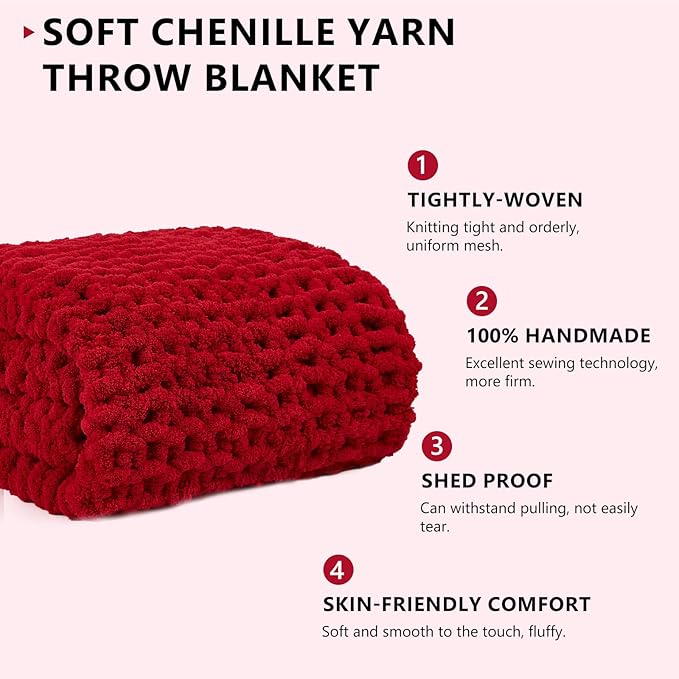 L'AGRATY Chunky Knit Throw: 72''x84'' Chenille Blanket for Bed Couch - Handmade Thick Big Cable Knit - Large Crochet Rope for Home Decor (Red)