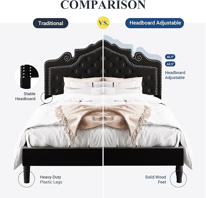 Allewie Full Size Bed Frame with Adjustable Velvet Tiara Headboard, Upholstered Diamond Button Tufted Platform Bed, Wood Slats Support, No Box Spring Needed, Black