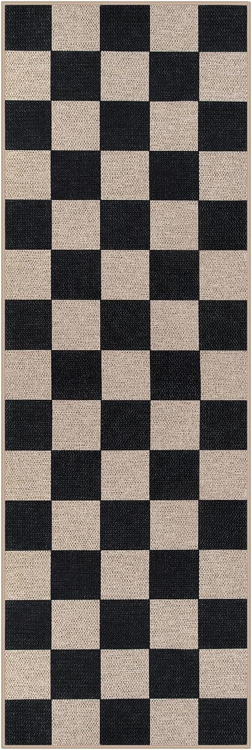 Lahome Checkered Easy Jute Runner Rug, 2x6 Kitchen Runner Rug Non Slip Washable Outdoor Carpet for Entryway Indoor, Checkerboard Black Indoor Outdoor Carpet Runners for Hallway 6ft Entry