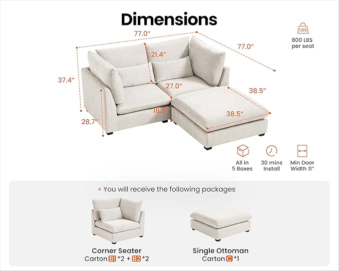Oversized Modular Sofa, Extra Deep Cloud Chenille Sectional Couch with Ottoman Chaise, Fluffy Chenille Loveseat L Sofa for Living Room, Villa (Loveseat+Ottoman, Chenille White)