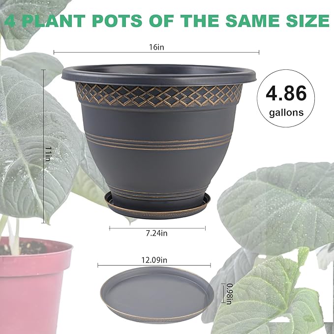 4 Pack 16 Inch Large Plant Pots, Plastic Flower Pot for Indoor & Outdoor with Drainage Holes & Saucer, Plaid Pattern Planters Garden Pots for Herbs Gold