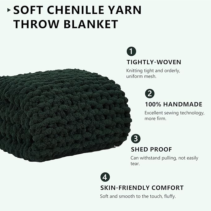 L'AGRATY Chunky Knit Blanket Throw - Soft Chunky Throw Blanket 40x50: 100% Hand Kintted Chenile Crochet Throw Blanket for Couch - Large Cable Knit Chunky Blanket for Home Decor(Olive Green)