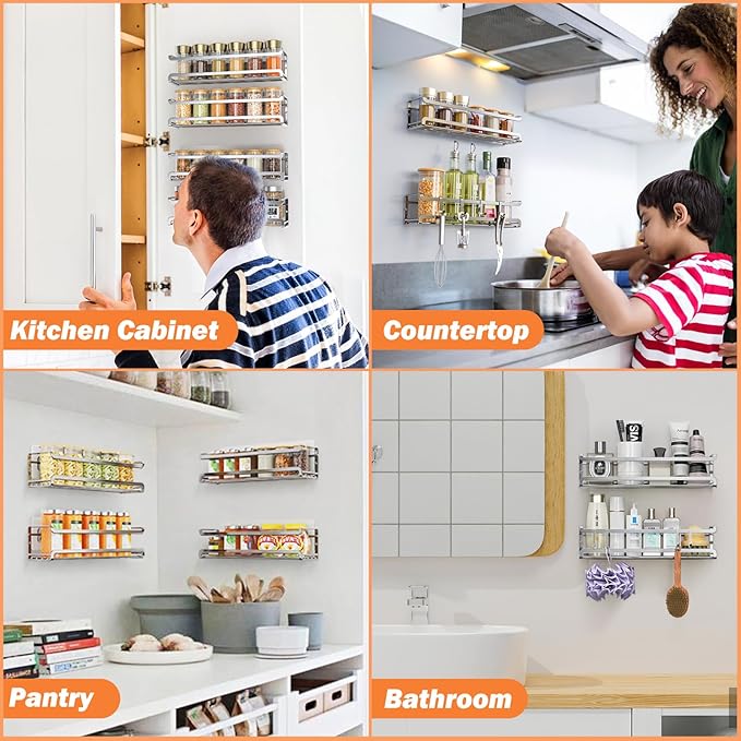 Spice Rack wall mounted 2 Pack, Space-Saving Spice Organizer for Spice Jars and Seasonings,Screw or Adhesive Hanging Spice Rack Organizer for Your Kitchen Cabinet,or Pantry Door,Silver