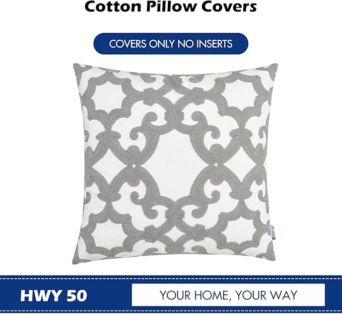 HWY 50 Grey Gray Decorative Throw Pillow Covers 18x18 Inch (1 Piece), Embroidered Cotton Farmhouse Cushion Cover Pillow Case for Sofa Couch Living Room Bed, Geometric