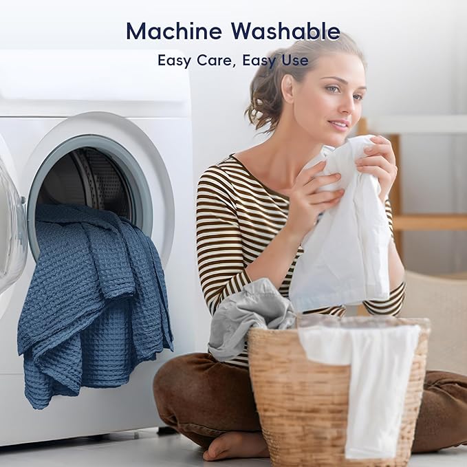 PHF Ultra Soft Waffle Weave Blanket Twin Size 66"x 90"- Washed Lightweight Breathablee Cozy Woven Blanket - Great for Couch Bed Sofa Home Car - Navy Blue